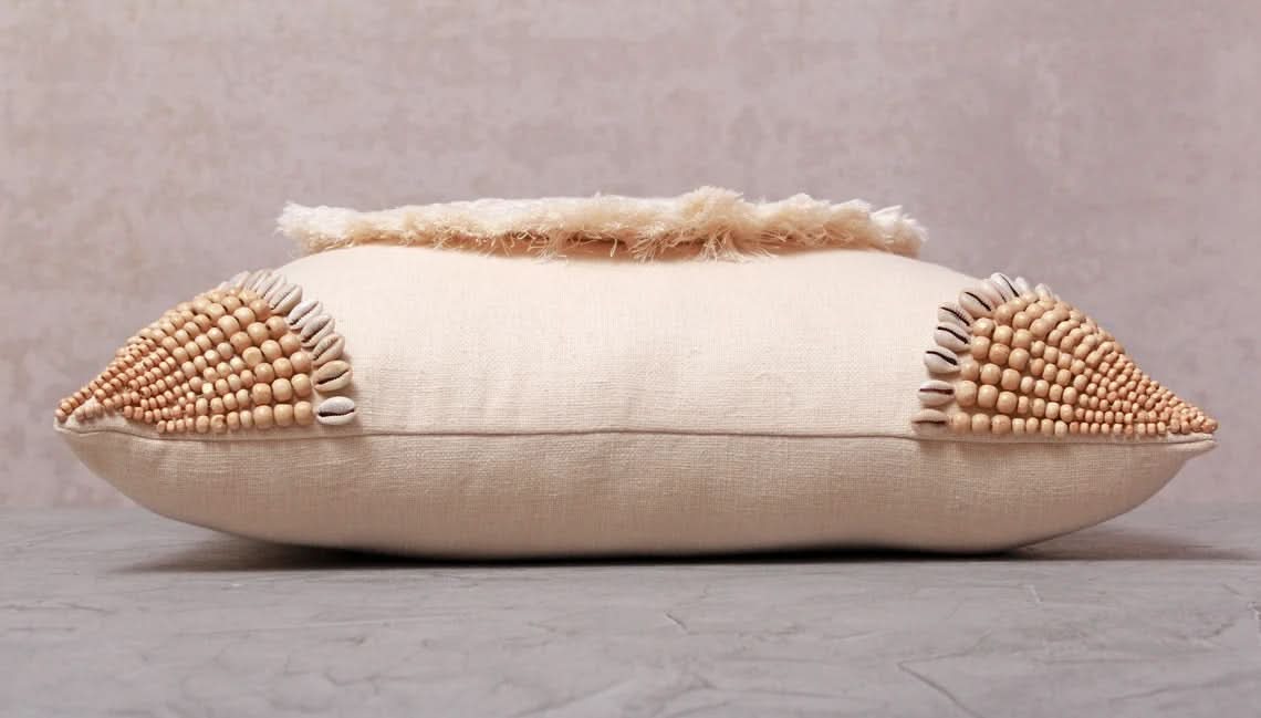 Hand Embroidered Beige Macrame Pillow