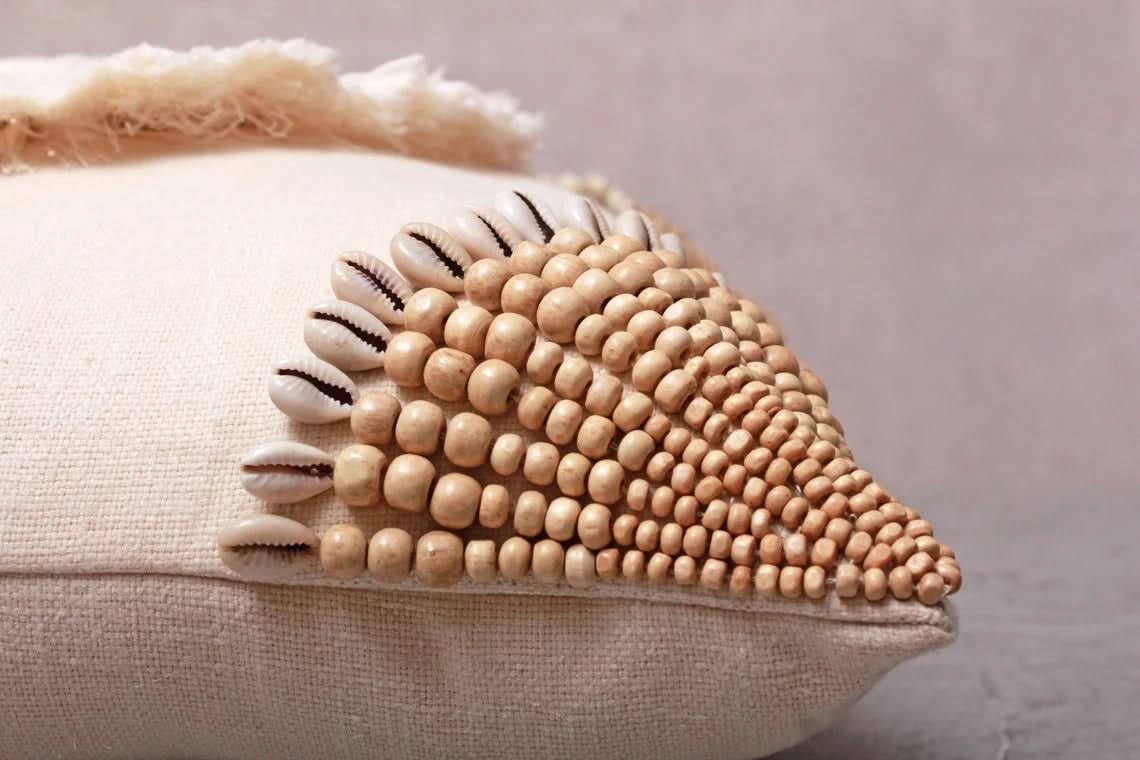 Hand Embroidered Beige Macrame Pillow