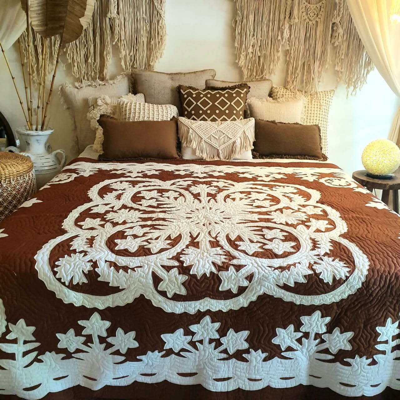 Hand Stitched Tropical Quilt Brown / White - bohemian-beach-house