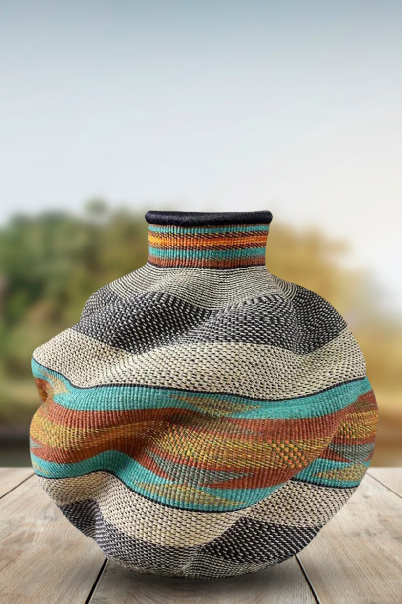 Large twist weave Tribal Ghana Basket in Rust, Wheat and Aqua