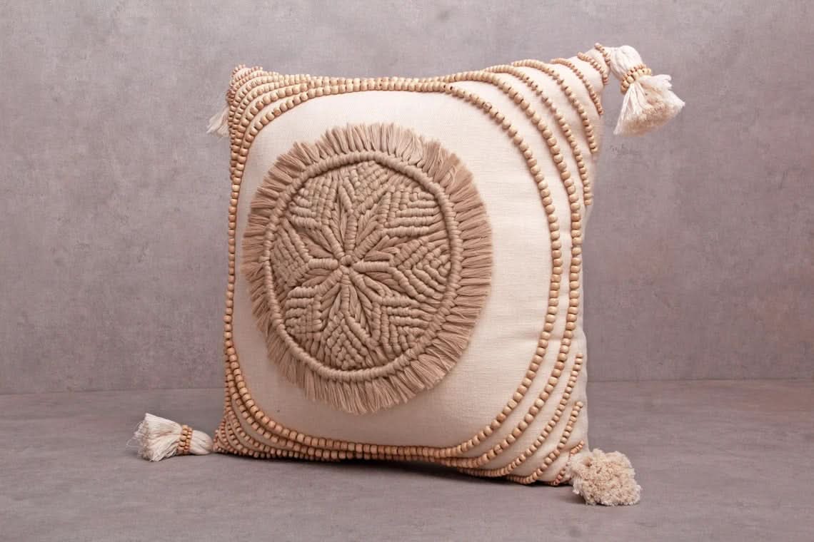 Hand Embroidered Tan Macrame Pillow