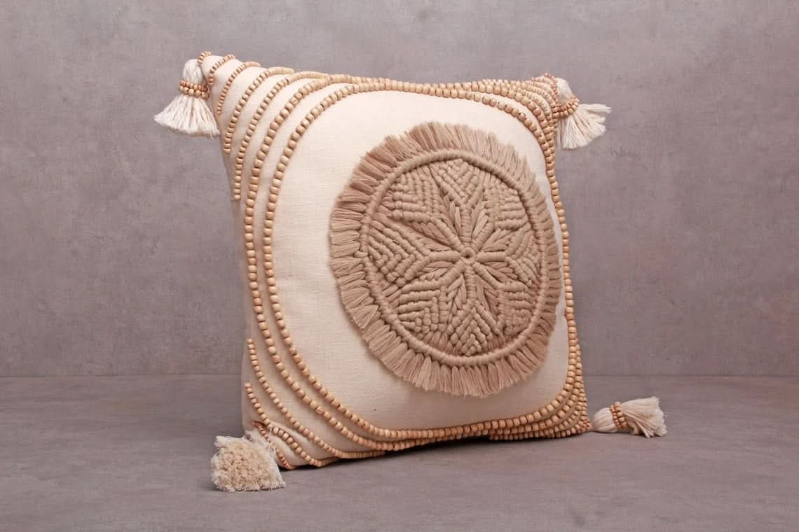 Hand Embroidered Tan Macrame Pillow