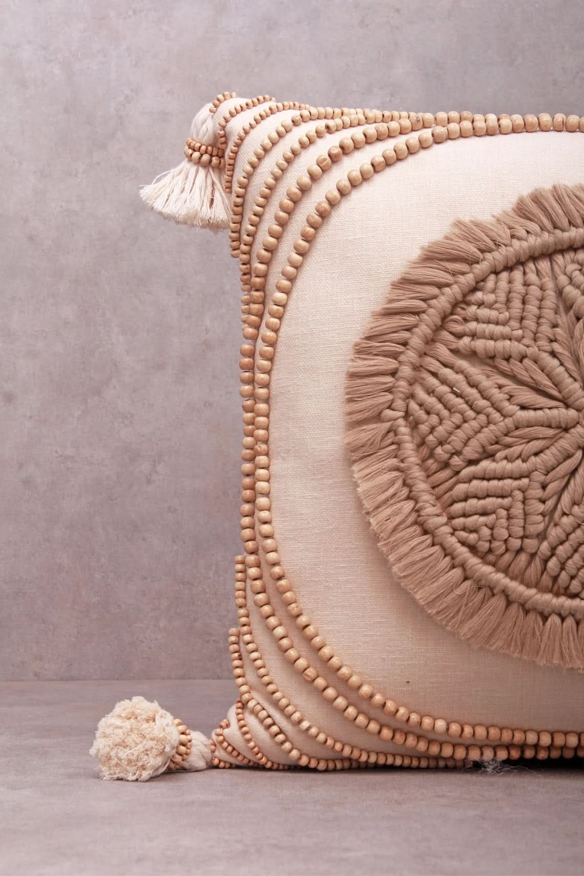 Hand Embroidered Tan Macrame Pillow