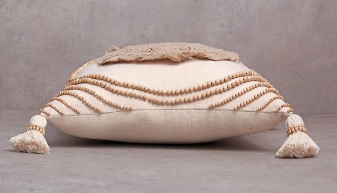 Hand Embroidered Tan Macrame Pillow
