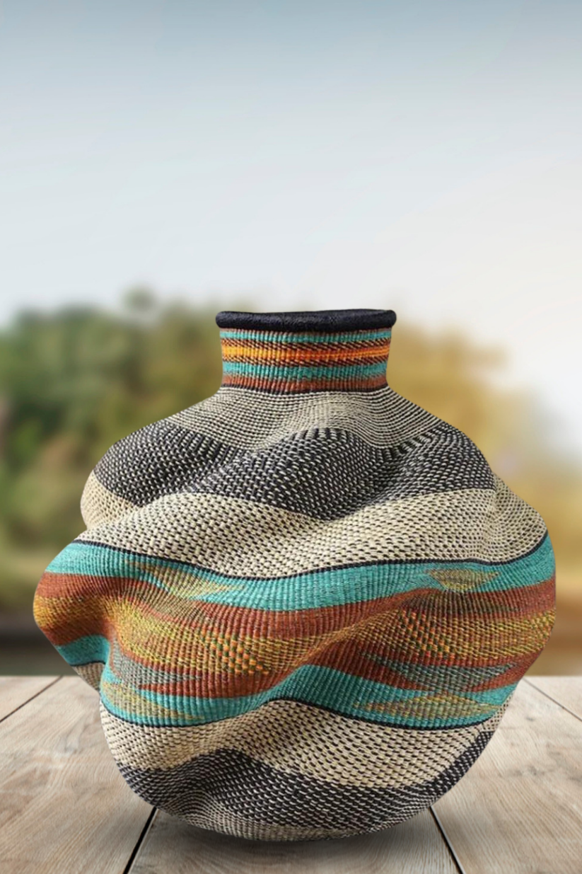 Large twist weave Tribal Ghana Basket in Rust, Wheat and Aqua