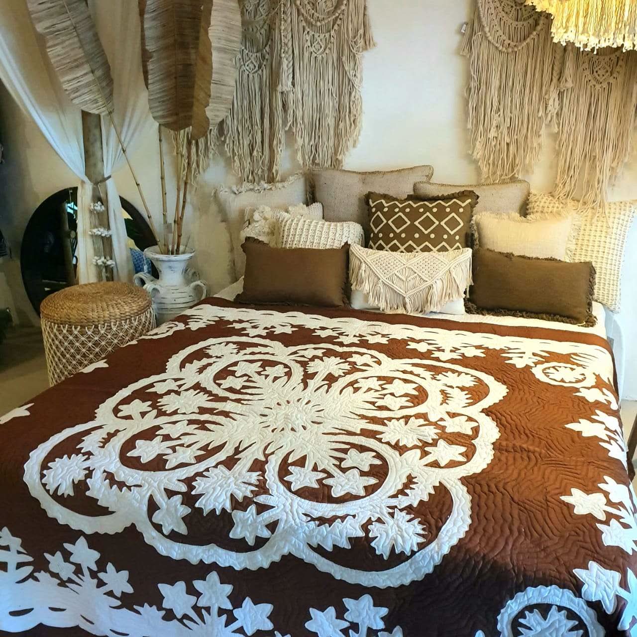 Hand Stitched Tropical Quilt Brown / White - bohemian-beach-house