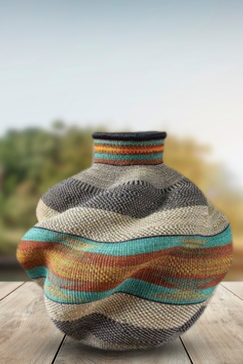 Large twist weave Tribal Ghana Basket in Rust, Wheat and Aqua