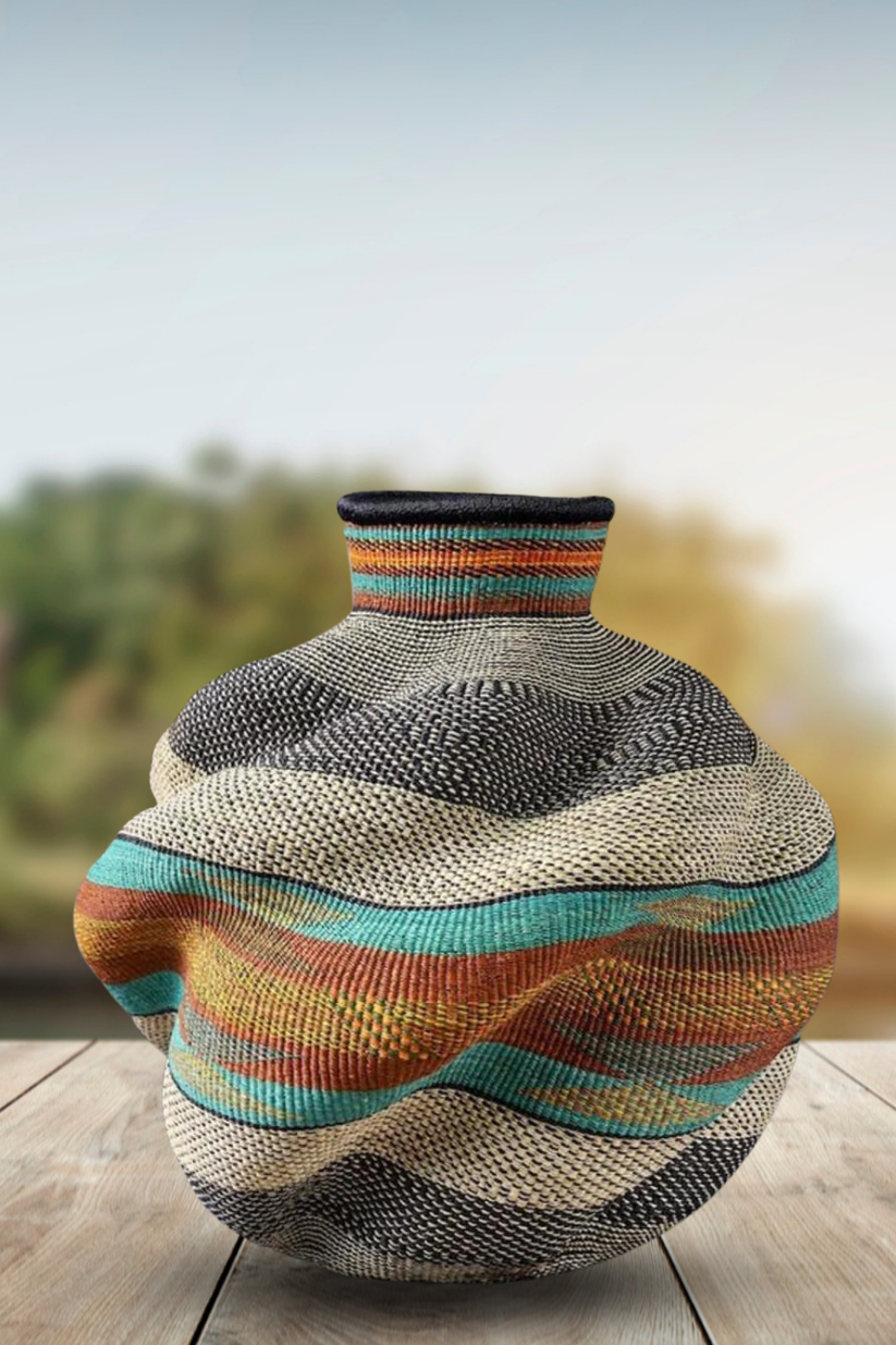 Large twist weave Tribal Ghana Basket in Rust, Wheat and Aqua
