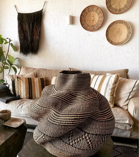 Large twist weave Tribal Ghana Basket in Natural and Black