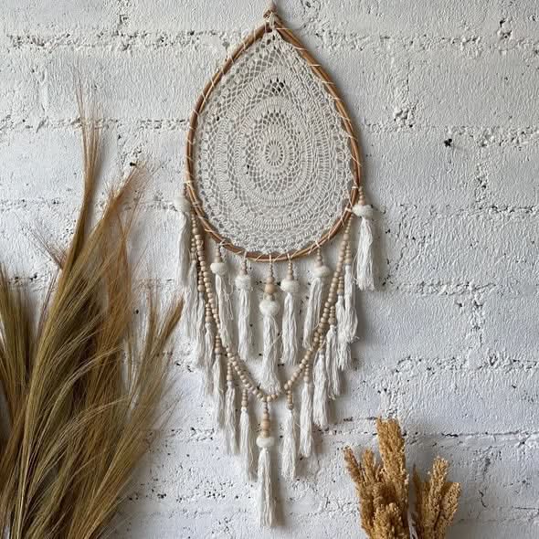 Moon Drop Dream Catcher Macrame with Tassels in White Large