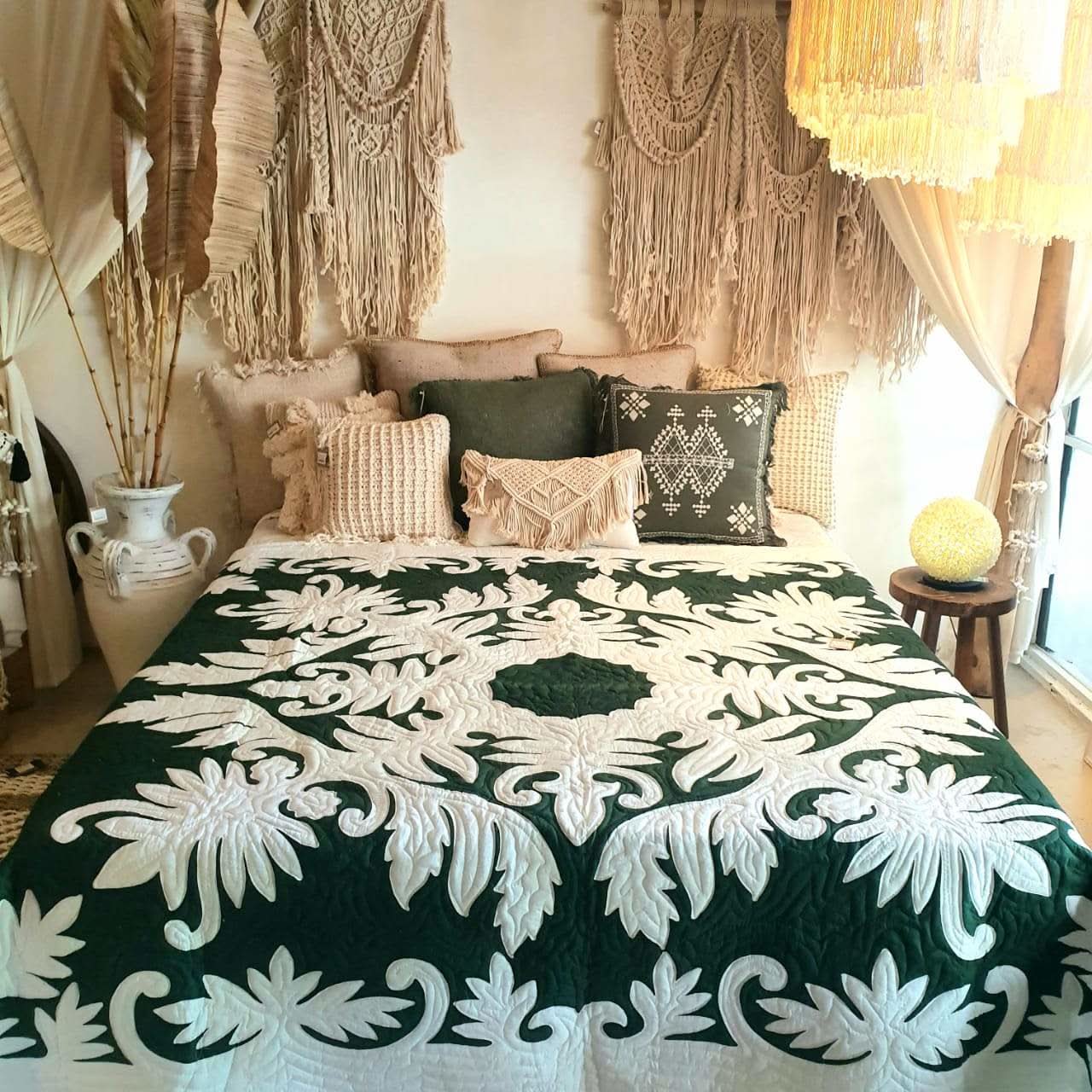 Hand Stitched Tropical Leaf Quilt Green / White , Babcock Ranch Home Decor