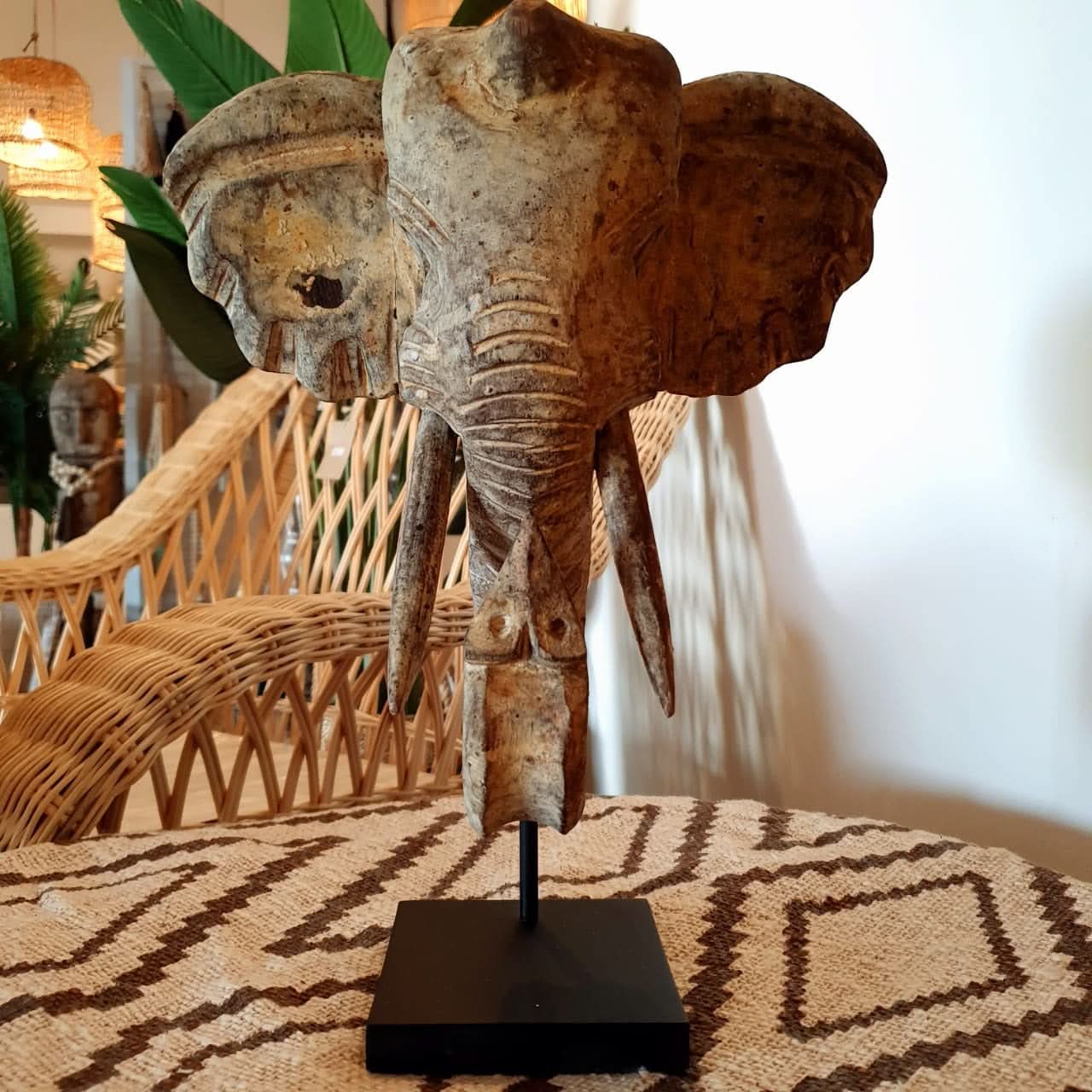 Hand Carved Good Luck Elephant on a Stand in Small