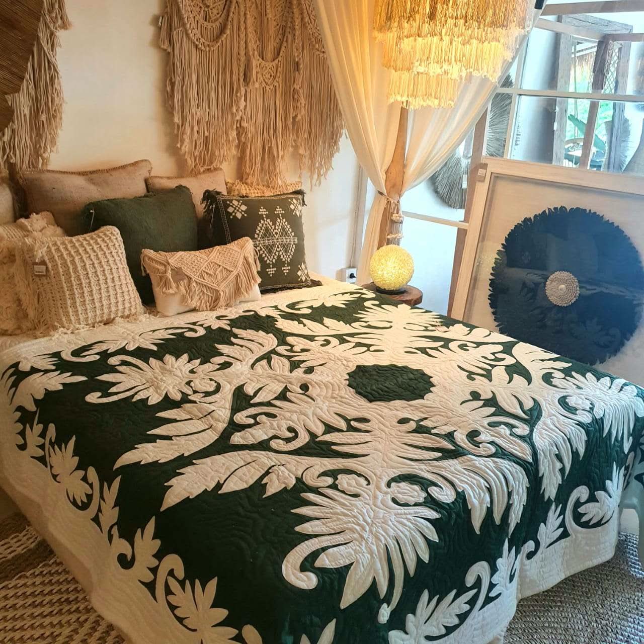 Hand Stitched Tropical Leaf Quilt Green / White , Babcock Ranch Home Decor