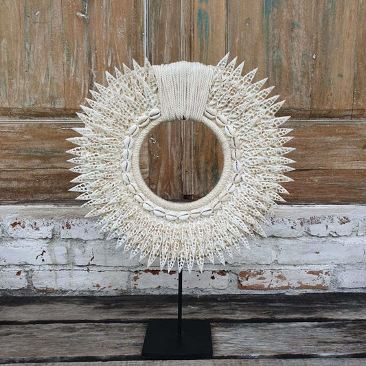 Circle cowrie and Spiral Seashell decor with stand - bohemian-beach-house