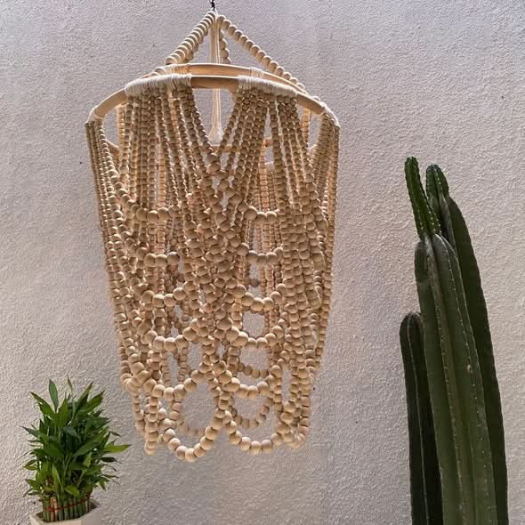 Wood Beaded Chandelier in Grey
