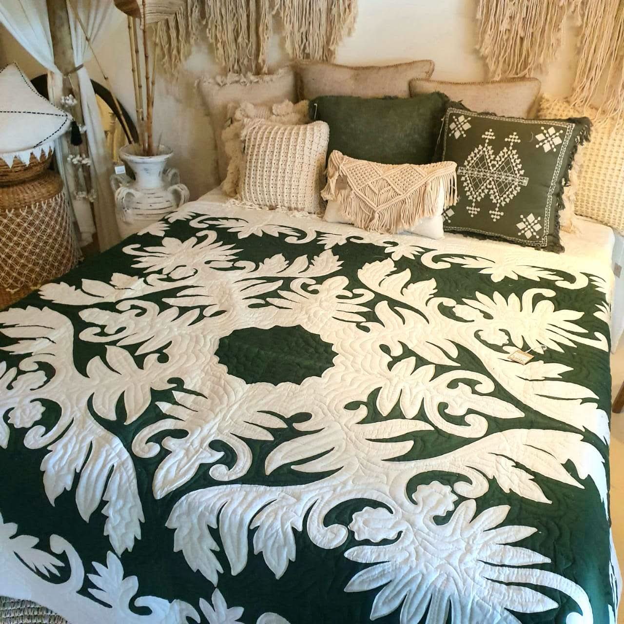 Hand Stitched Tropical Leaf Quilt Green / White , Babcock Ranch Home Decor