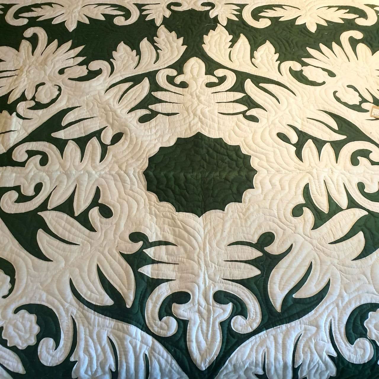 Hand Stitched Tropical Leaf Quilt Green / White , Babcock Ranch Home Decor