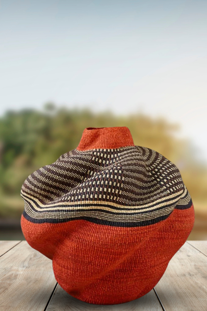 Large twist weave Tribal Ghana Basket in Deep Orange and Black