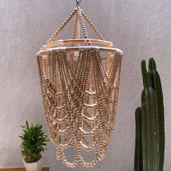 Wood Beaded Chandelier in Grey