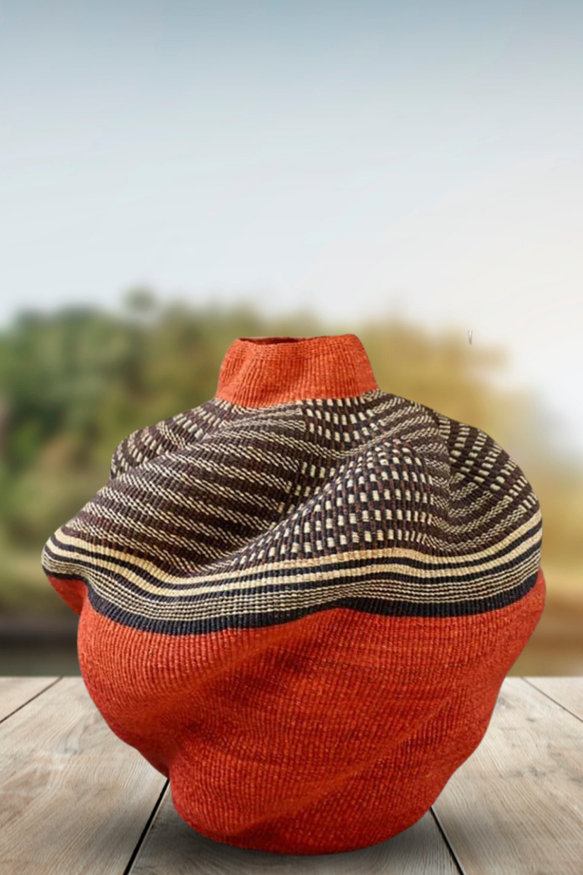 Large twist weave Tribal Ghana Basket in Deep Orange and Black