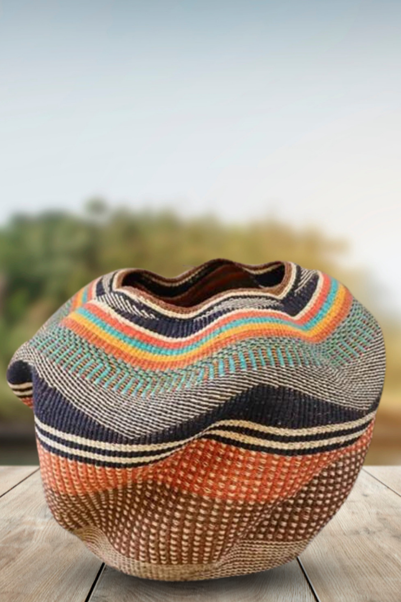 Large twist weave Ghana Basket in Caramel Orange and Aqua