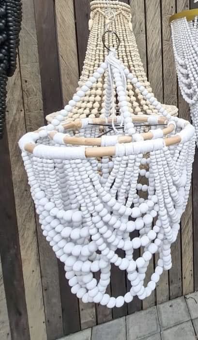 Wood Beaded Chandelier in Grey