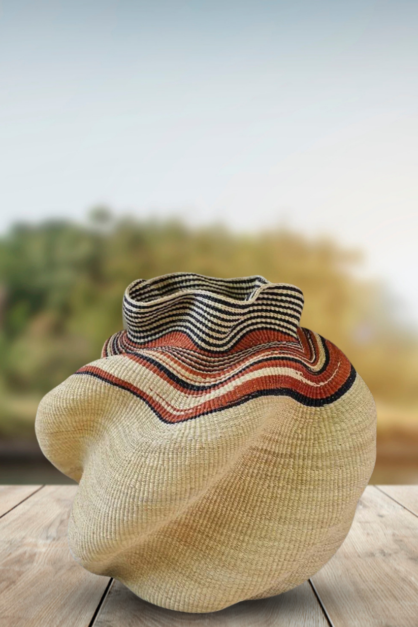 Large twist weave Tribal Ghana Basket in Beige, Rust Red and Black