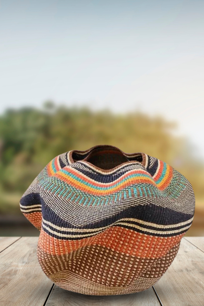 Large twist weave Ghana Basket in Caramel Orange and Aqua