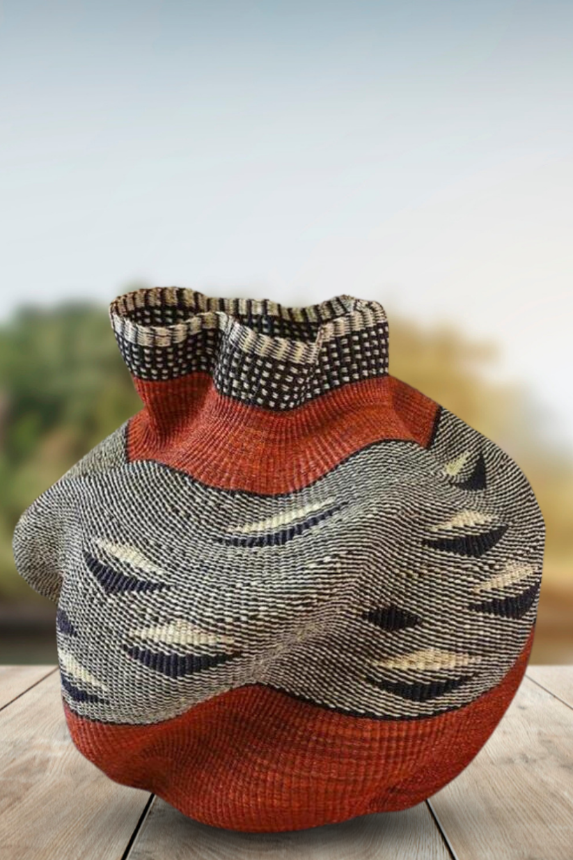 Large twist weave Tribal Ghana Basket in Brick Red , Beige and Black