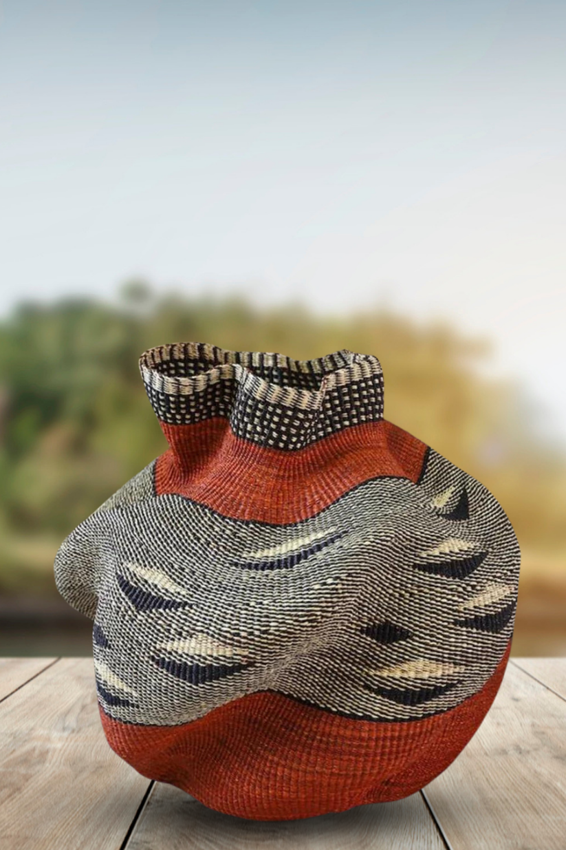 Large twist weave Tribal Ghana Basket in Brick Red , Beige and Black