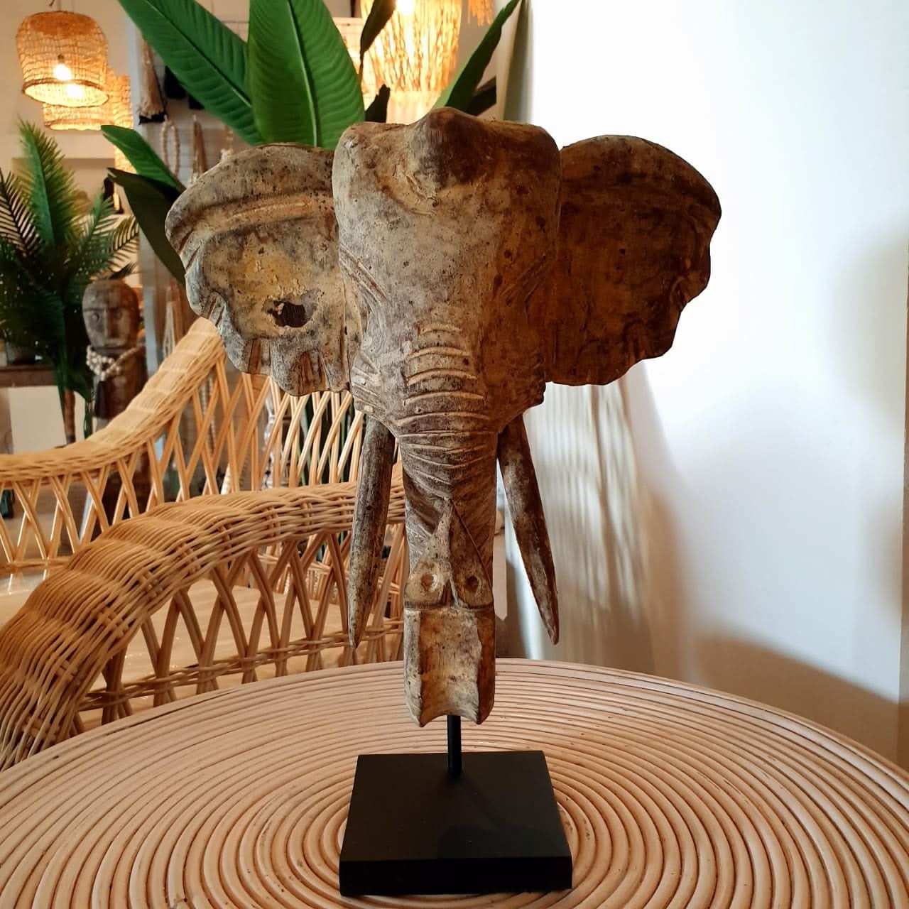 Hand Carved Good Luck Elephant on a Stand in Large