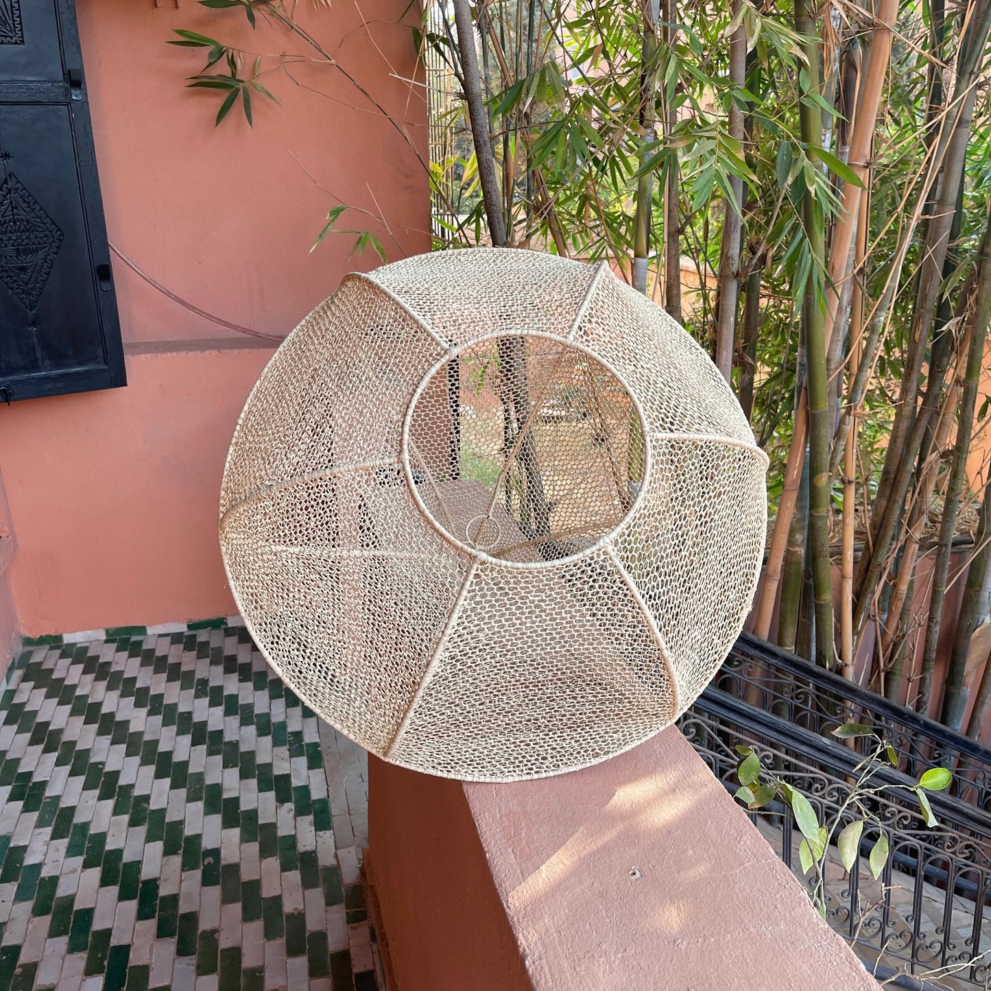 Handmade Moroccan Raffia Knotted Pendant Lamp Shade in Tan Large