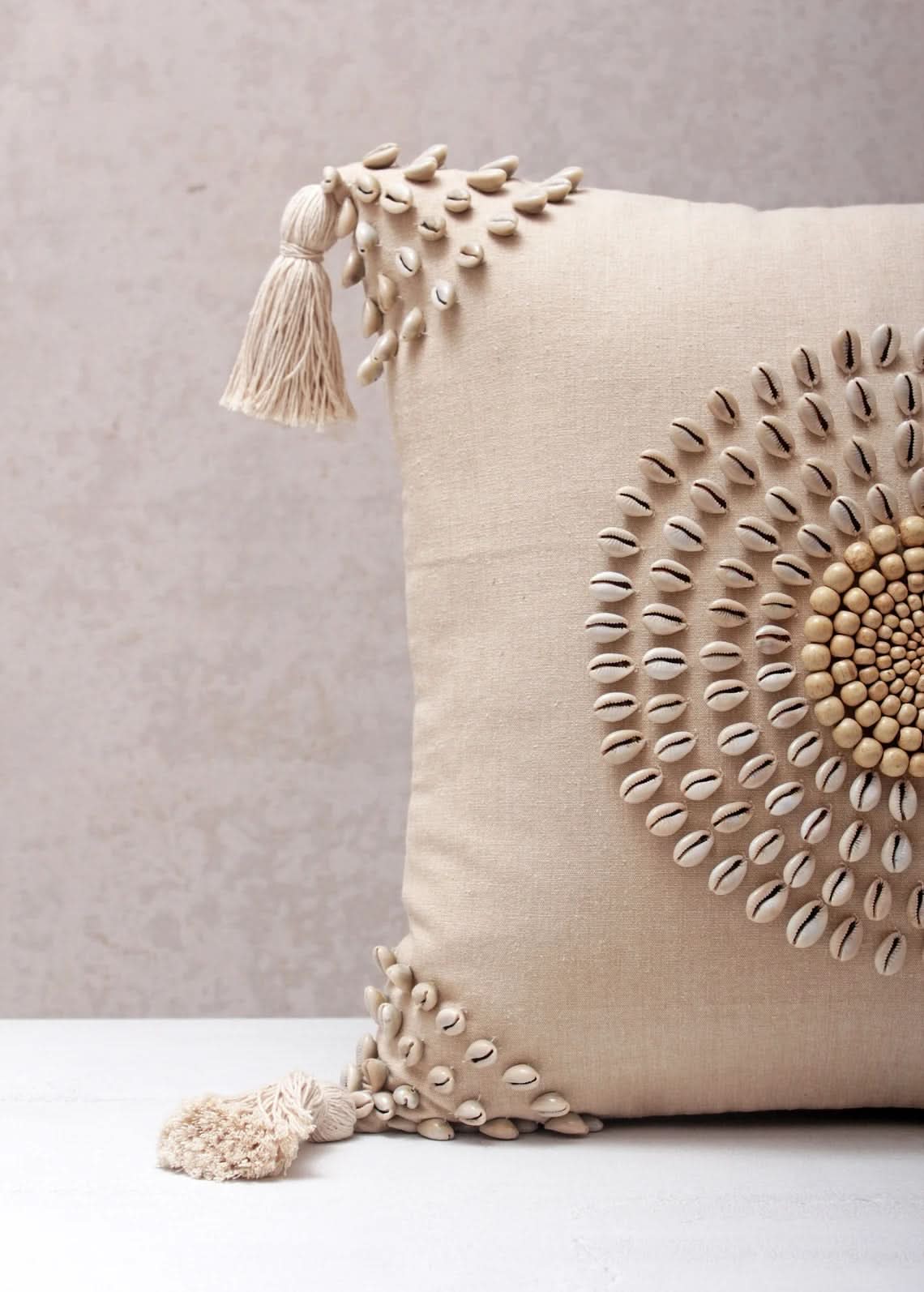 Square Beaded Tassel Pillow with Cowrie Shells