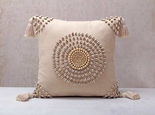 Square Beaded Tassel Pillow with Cowrie Shells