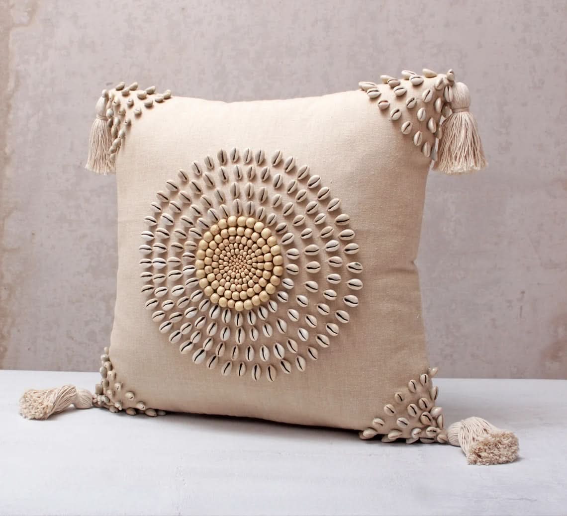 Square Beaded Tassel Pillow with Cowrie Shells