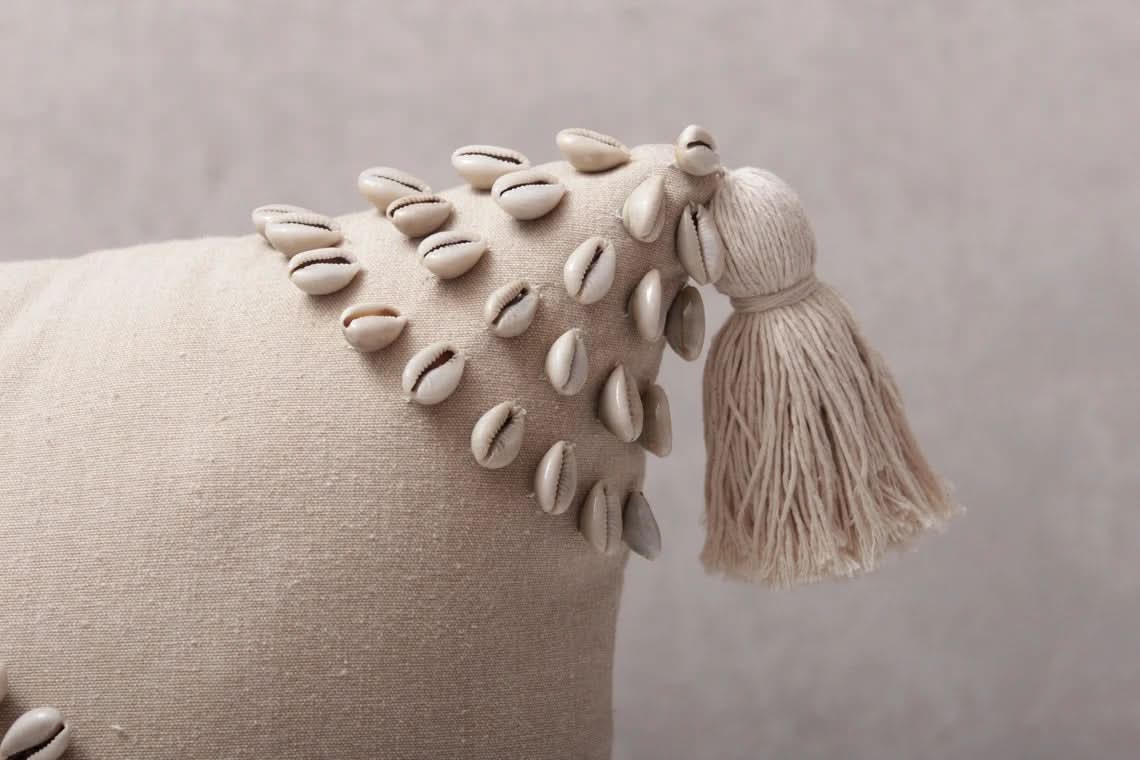 Square Beaded Tassel Pillow with Cowrie Shells