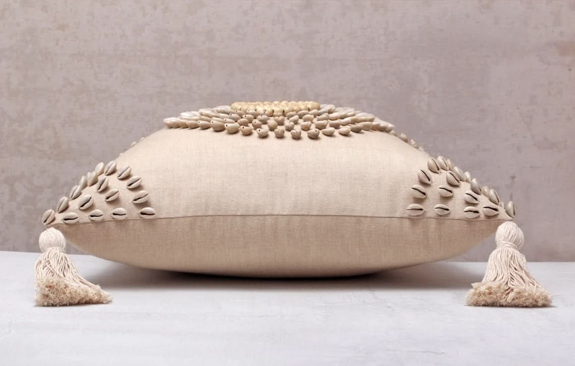 Square Beaded Tassel Pillow with Cowrie Shells