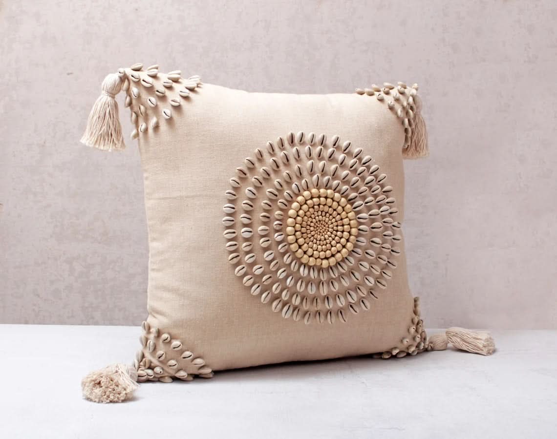 Square Beaded Tassel Pillow with Cowrie Shells