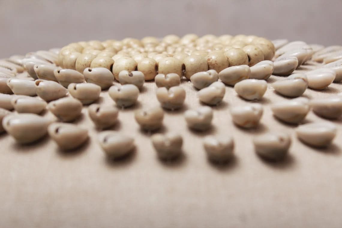 Square Beaded Tassel Pillow with Cowrie Shells