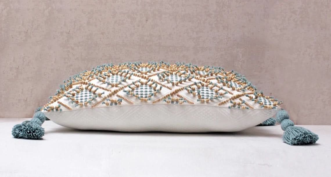 Hand Embroidered Bohemian Argyle Ivory and Blue Lumbar Pillow