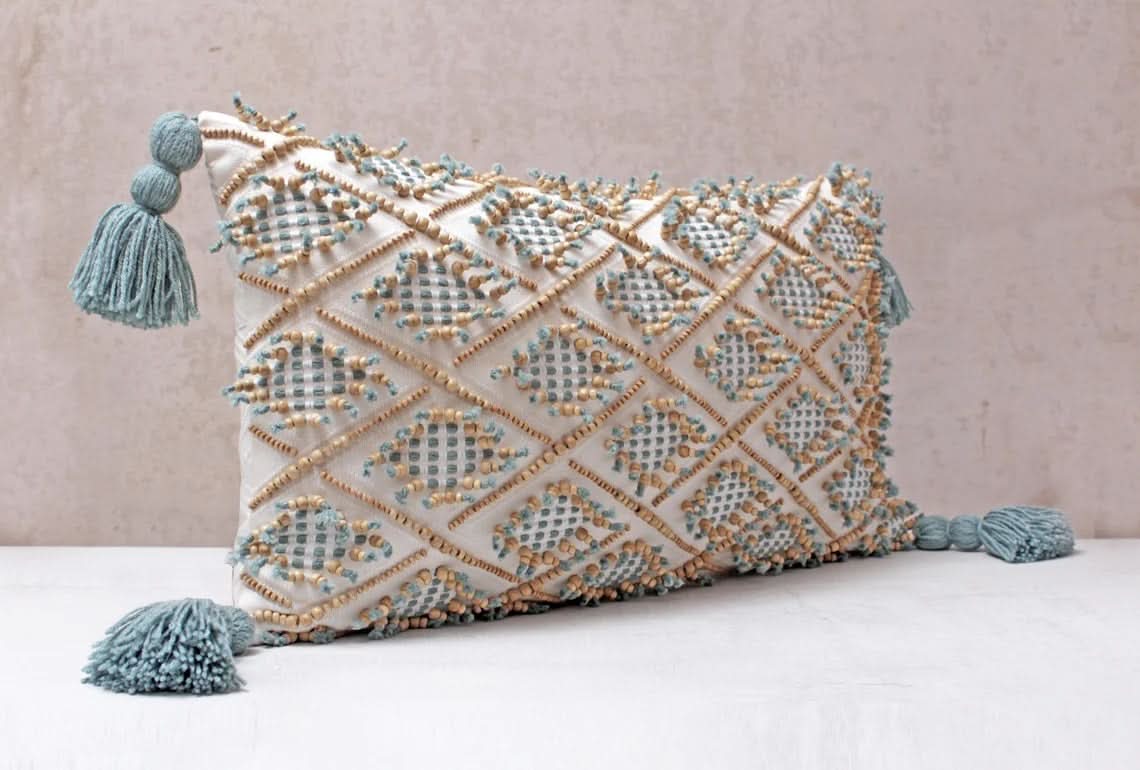 Hand Embroidered Bohemian Argyle Ivory and Blue Lumbar Pillow