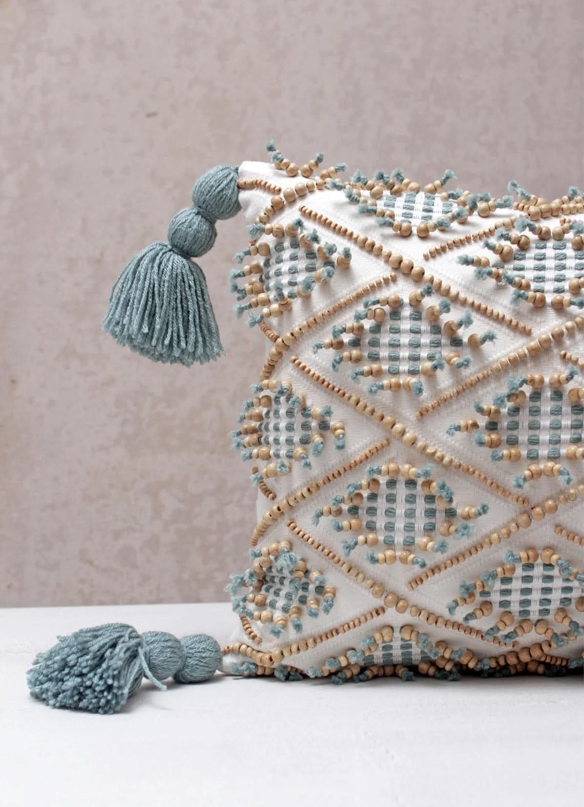 Hand Embroidered Bohemian Argyle Ivory and Blue Lumbar Pillow