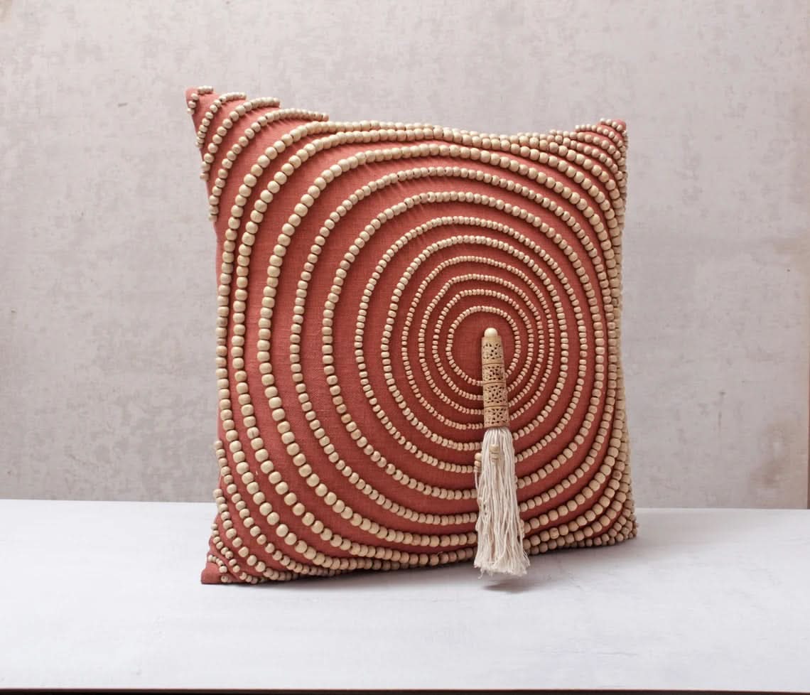 Hand Embroidered Bohemian Rust Beaded Pillow