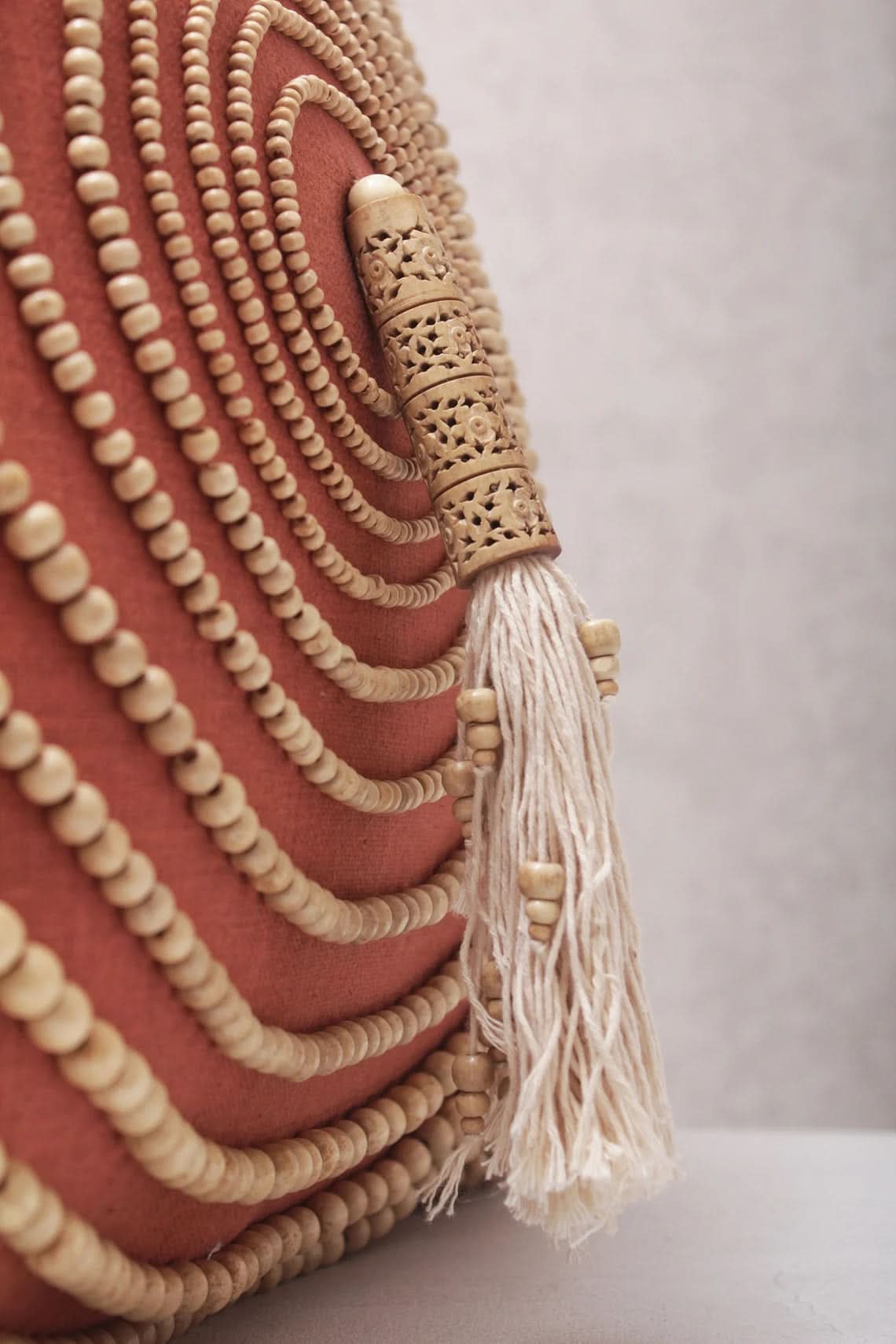 Hand Embroidered Bohemian Rust Beaded Pillow