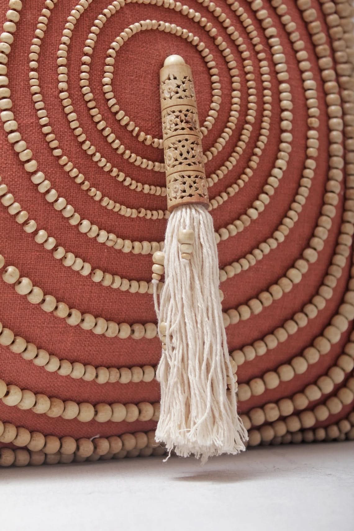 Hand Embroidered Bohemian Rust Beaded Pillow