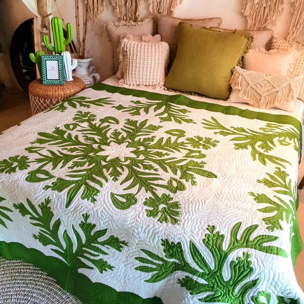 Hand Stitched Tropical Quilt Green - bohemian-beach-house