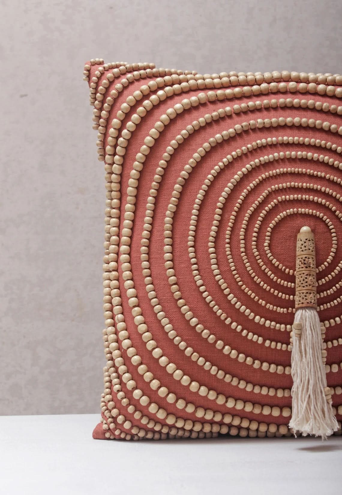 Hand Embroidered Bohemian Rust Beaded Pillow