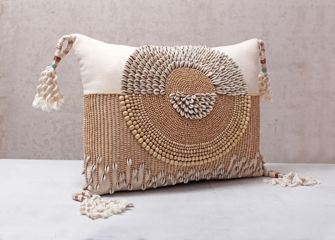 Hand Embroidered Bohemian Beaded and Cowrie Shell Lumbar Pillow