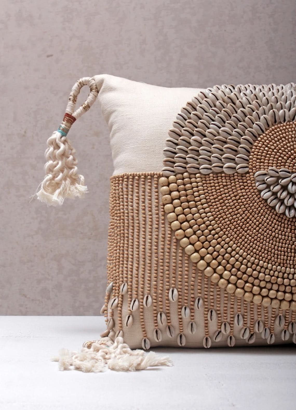 Hand Embroidered Bohemian Beaded and Cowrie Shell Lumbar Pillow