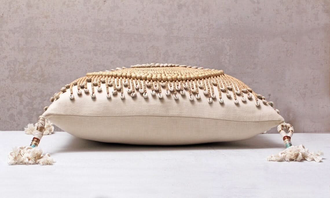 Hand Embroidered Bohemian Beaded and Cowrie Shell Lumbar Pillow